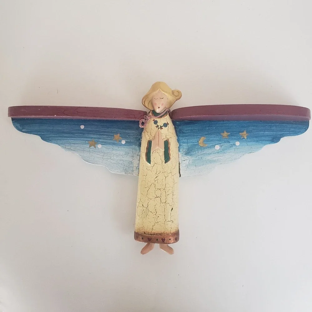 VTG Praying Angel Wood Wall Shelf Hand Painted Folk Art 17